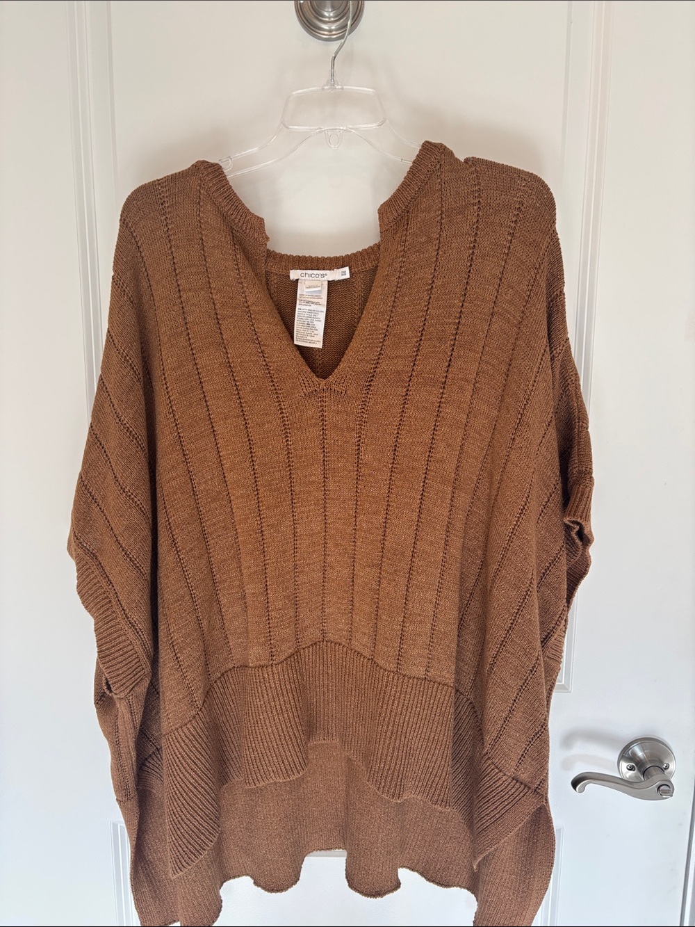 Chico's Oversized V-Neck Ribbed Knit Poncho in Brown